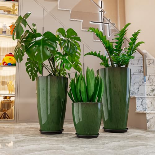 24,21,11 inch Large Planters with Drainage Hole & Saucer, Set of 3 Plant Pots Tall Planter for Indoor & Outdoor Plants Home Modern Decor (3 Count)