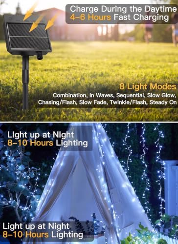 2 Pack 240 LED 20FT Total 40FT 480LED Solar Fairy Lights Outdoor Waterproof (Cool White / 19.6Ft*2 Pack)