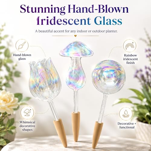 Non Clogging Iridescent Ball Plant Watering Globes with Terracotta Spikes (3 Iridescent Balls)