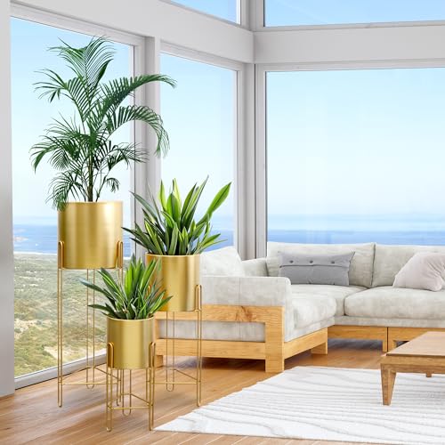 Set of 3 Large Planters with Stand Gold Planter for Indoor Plants 29 &22 &12" Tall Morden Metal Plant Pots for Living Room Corner Kitchen Office Garden Balcony Patio Decor
