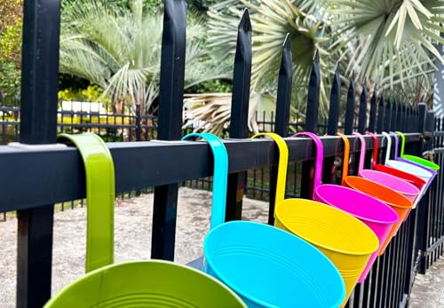 10 Pack 6" Colorful Metal Hanging Railing Planters with Detachable Hooks (Round - 5.9 Inch)