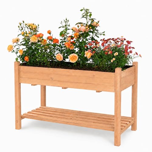 Raised Garden Beds Outdoor with Storage Shelf Fir Wood Planter Raised Beds (Brown / W49.5X D23.5X H30in)