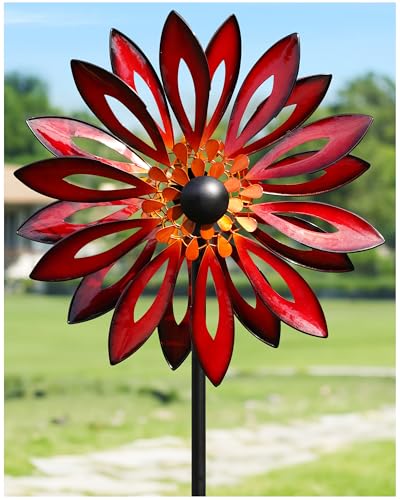 Kinetic Wind Spinners Outdoor (83"H x 22"W-Crimson Flower)