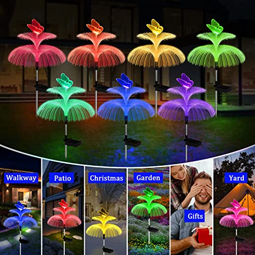 Solar Garden Lights Waterproof 6 Pack Solar Lights Outdoor Decorative 7 Color Changing Double Jellyfish and Butterfly Flower Yard Garden Decor Lawn Christmas Outside