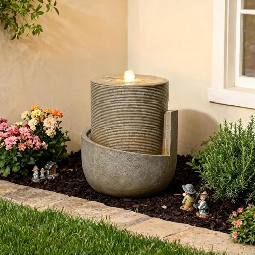 18H Modern Outdoor Water Fountain with Led Lights Tiered Cascading Waterfall Feature with Quiet Pump Floor Water Fountain for Patio Garden Backyard Decking Home and Indoor Décor Brown Brown (17.72-Brown / 17.72-brown)