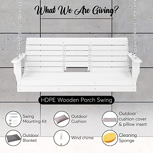 Heavy Duty Poly Lumber HDPE Porch Swing with Mounting Kit and Accessories Outdoor Hanging Chair with Cup Holders Swinging Bench for Patios