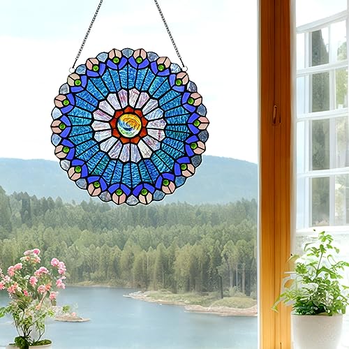 12 Inch Blue Mandala Stained Glass Window Panel (Blue & Red)