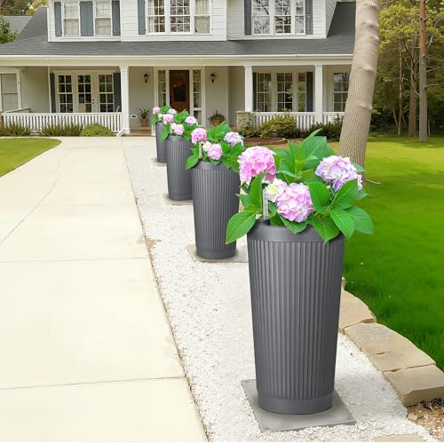 Self Watering Tall Planters Set of 2 (Gray-round Ribbed)