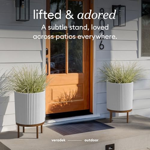 Demi 16 in. Raised with Stand Round White Plastic Planter with Brown Stand DMSTV16WBR