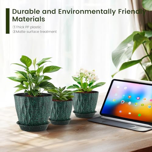 7/6.5/6/5.5/5/4.5/4 inch Plant Pots for Indoor Outdoor Plants, 7 Pack Thick Flower Pots with Drainage Holes and Saucers, Wave Texture Plastic Planters Nursery Pots, Black with Green Speckles (Black With Green Speckles / 7+6.5+6+5.5+5+4.5+4 inch 7 pieces)