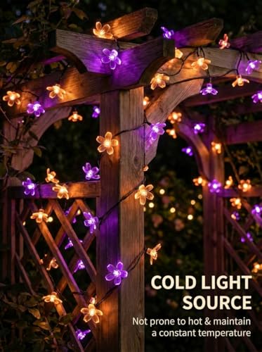 Solar Flower String Lights Outdoor Waterproof 50 LED Fairy Lights (Purple & Orange / 1 Pack)