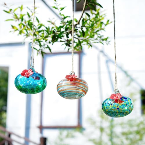 3PCS Glass Hummingbird Feeders for Outdoors with 2 Flower Feeding Ports