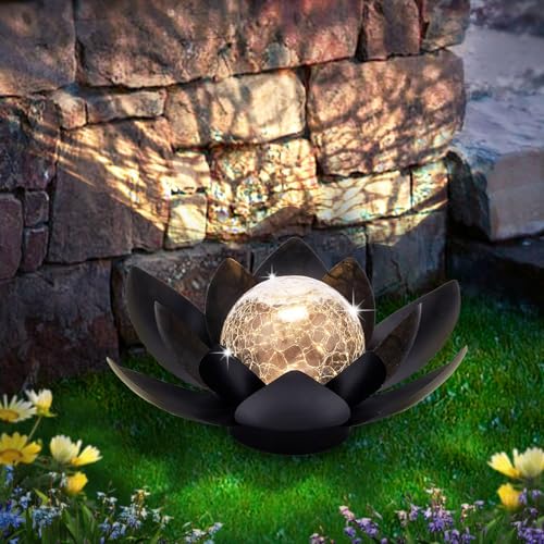 Solar Lights Outdoor Garden Decor Metal Black Lotus Decoration (All Black)