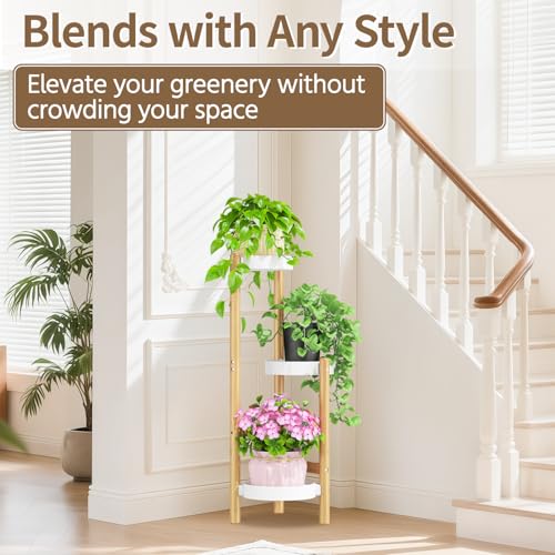 Plant Stand Table Tall for Indoor Corner (Standard White-Bamboo / 3 Tier)
