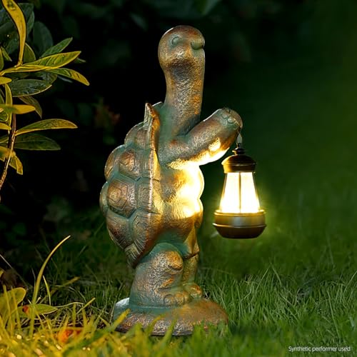 17 Inch Solar Turtle Garden Statue with LED Lantern Outdoor Decor (17in Solar Turtle)