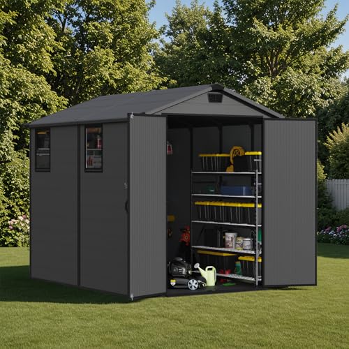 6X8 FT Plastic Outdoor Storage Shed with Floor (Dark Grey / 6x8)