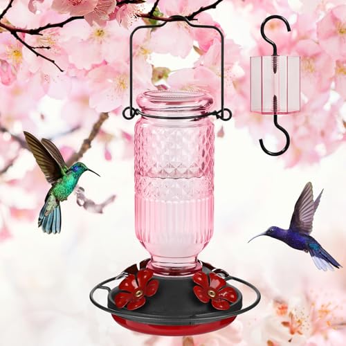 Glass Hummingbird Feeder for Outdoors Hanging (Pink)