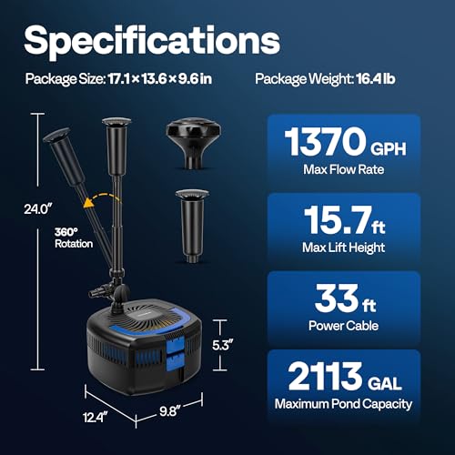 4-in-1 Pond Filter Fountain Kits, 1370 GPH Water Pump for Pond