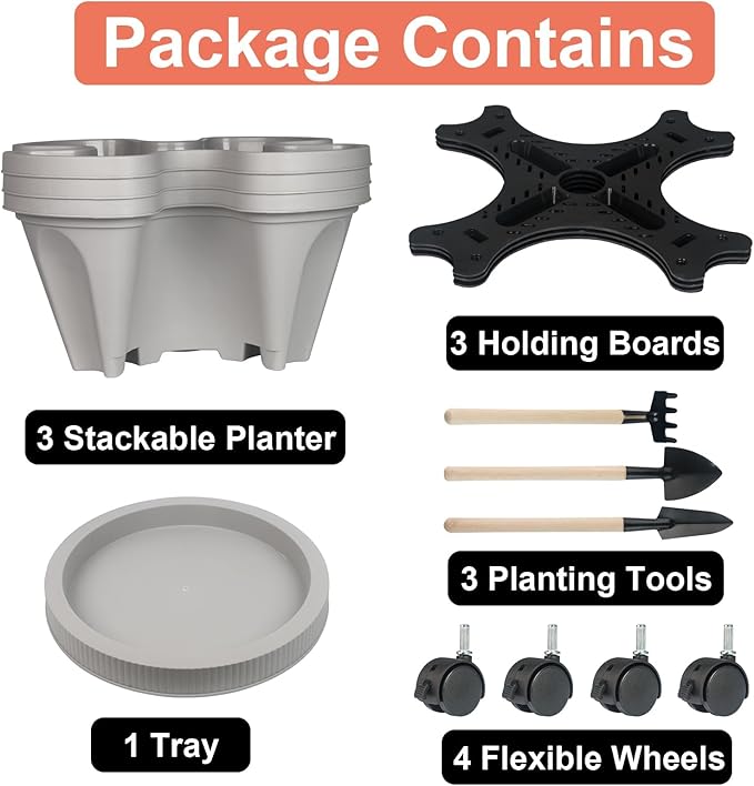 GameXcel Vertical Planter Tower- 3 Tier Stackable Garden Planter with Wheels and Tool Set – Grow Strawberries Herbs Flowers and Vegetables - Indoor Outdoor Use Gray