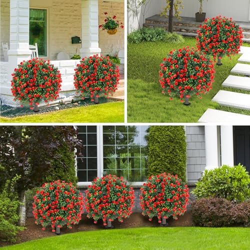 Artificial Red Rose Topiary Ball Tree 25" with Ground Spike (2 Count)