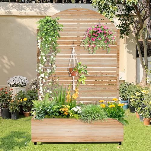 Metal Raised Garden Bed with Trellis and Wheels (Acacia Wood Grain-louvered / 71" x 47" x 16")