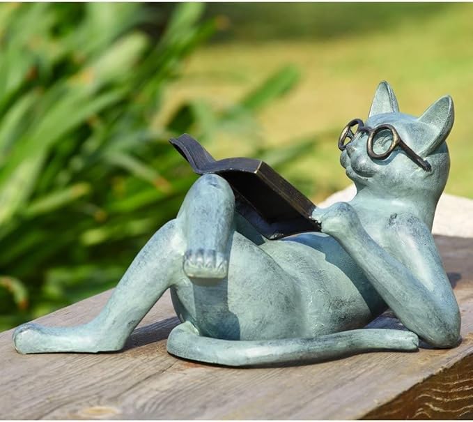 Cat Statues - Garden Decor Reading Cat Craft Wearing Glasses Sculpture, 18X8X5CM