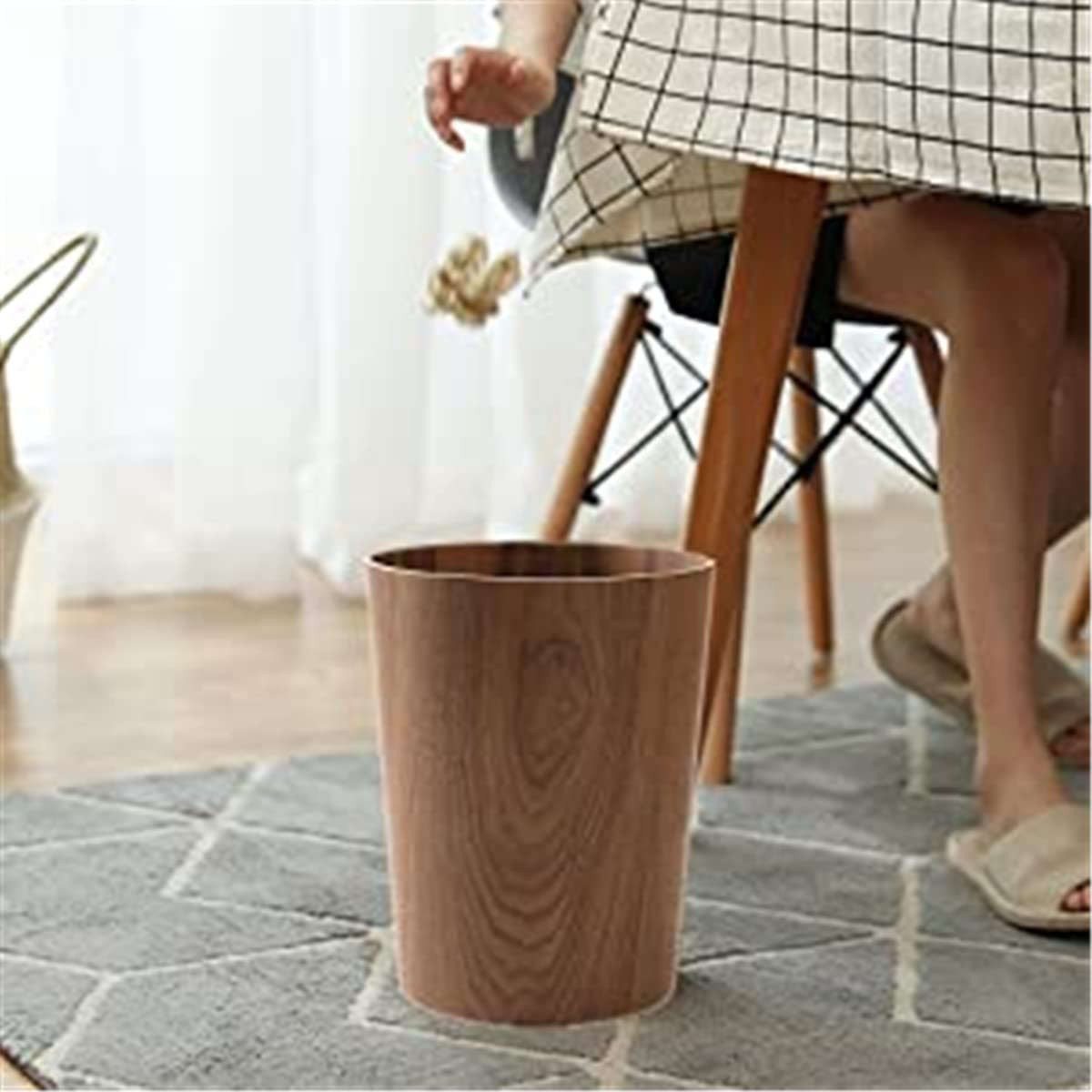 Round Stackable Wastebasket, Natural Wood Garbage Recycling Bin for Bathrooms, Kitchens, Home Offices (Dark Wood)