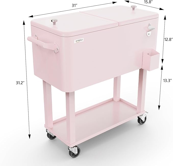 VINGLI 80 Quart Rolling Ice Chest, Portable Patio Party Bar Drink Cooler Cart, with Shelf, Beverage Pool with Bottle Opener