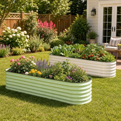 9-in-1 Modular Aluzinc Metal Raised Garden Bed, 89" L x 17.7" W x 17" H, Outdoor Planter Box for Vegetables, Flowers, and Herbs, Beige