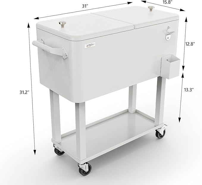 VINGLI 80 Quart Rolling Ice Chest, Portable Patio Party Bar Drink Cooler Cart, with Shelf, Beverage Pool with Bottle Opener