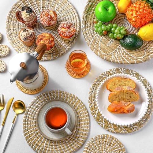 11 Pcs Boho Hanging Wall Basket Decor Handmade Woven Basket Wall Decorative Boho Wicker Baskets Placemats Round Farmhouse Bulrush Art for Rustic Home Decorations Christmas Gift (11 Count)