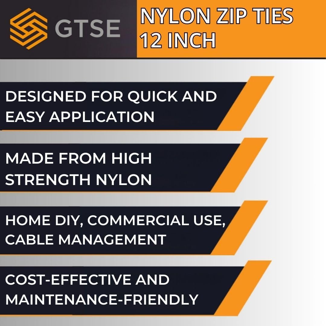GTSE 12 Inch White/Clear Zip Ties, 100 Pack, 40lb Strength, UV Resistant Long Nylon Cable Ties, Self-Locking 12" Tie Wraps