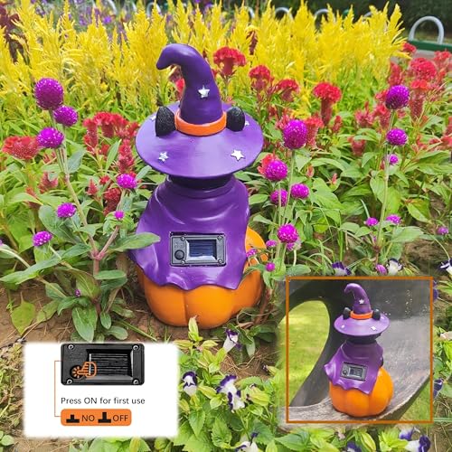 Solar Witch Black Cat Figurine Light Outdoor Spooky Pumpkin for Halloween