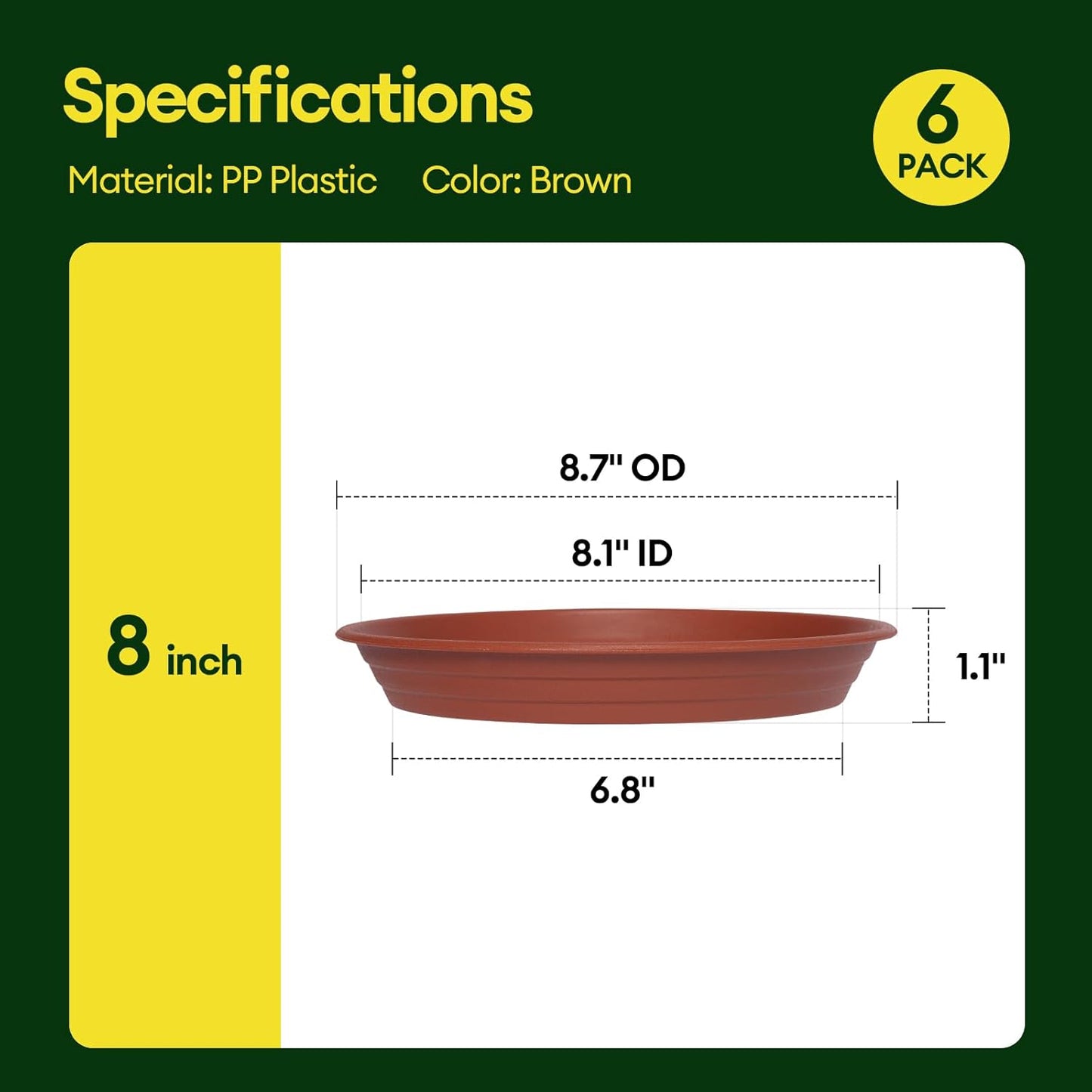 6 Pack Plant Saucer, 8 10 12 inch Plant Saucers for Indoor, Heavy Duty Plastic Plant Trays for pots, Grow Bags, Bird Baths, Flower Drip Trays for Indoor and Outdoor Uses (8", Brown)
