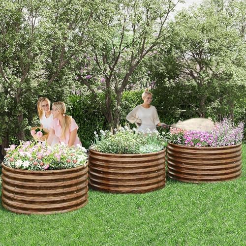 4 Pack Brown 2x2FT Round Corrugated Galvanized Steel Raised Garden Bed Outdoor (Brown / 2x2FTx10inch)