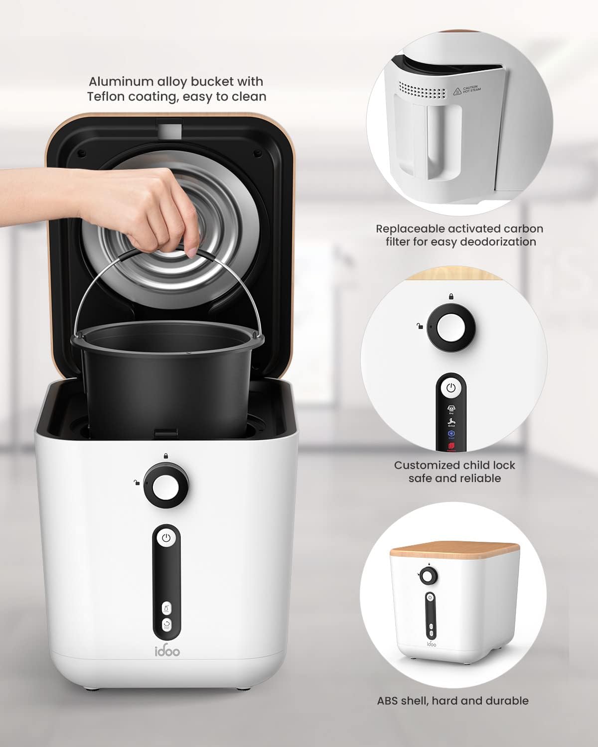 iDOO Electric Composter Kitchen, 3L Countertop Compost Bin, Odorless Compost Machine, Waste Disposal System Use for Kitchen, Garden & Outdoor, Turns Waste into Fertilizer, White