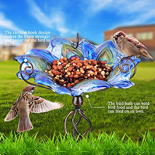 Glass Bird Bath Outdoor Birdfeeder with Metal Stake Garden Decor