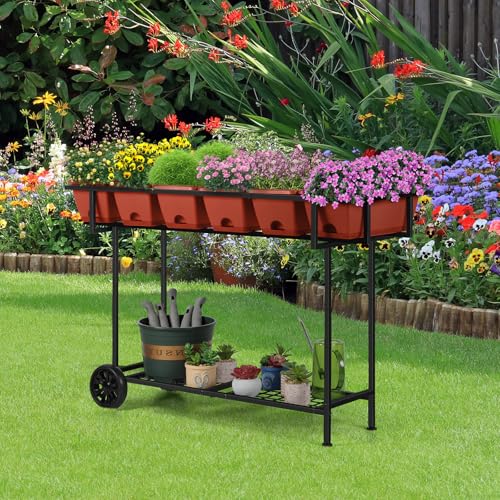 Elevated Raised Garden Bed Outdoor with Legs 43x17x29 in Plastic Standing Planter Box with Storage Shelf and Wheels Vegetables Herbs Flowers Gardening Boxes for Backyard (6 Count)