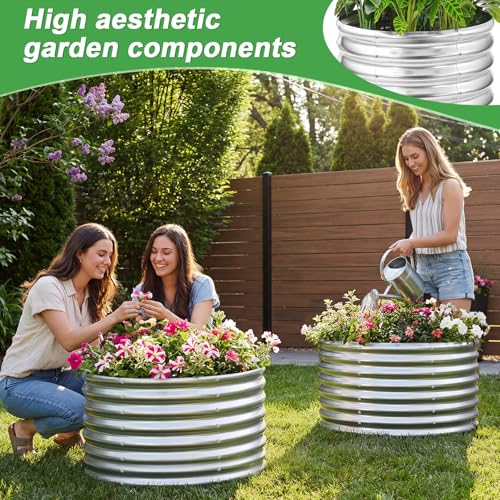 2 Pack 2x2x1.5ft Round Galvanized Raised Garden Bed Outdoor Metal Planter Box for Vegetables Steel Raised Beds for Gardening Silver (2 Count)