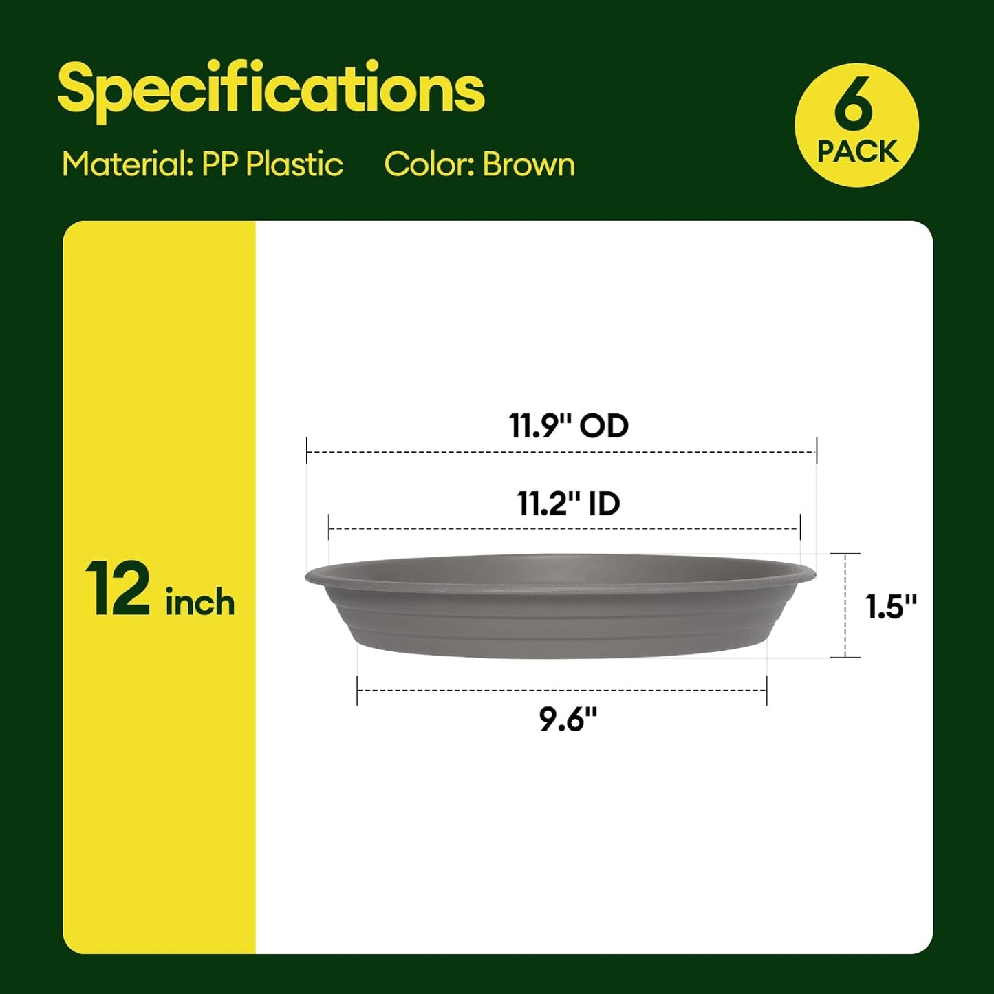 6 Pack Plant Saucer, 8 10 12 inch Plant Saucers for Indoor, Heavy Duty Plastic Plant Trays for pots, Grow Bags, Bird Baths, Flower Drip Trays for Indoor and Outdoor Uses (12", Gray)