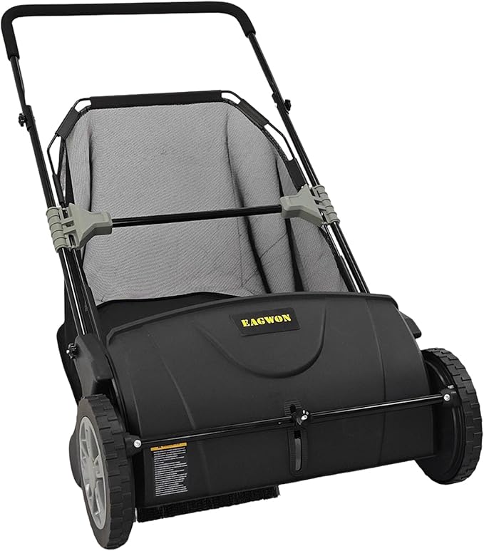 Push Lawn Sweeper, 21-Inch Width, 3.5 Cu. Ft. Hopper Capacity, 4 Spinning Brushes, Adjustable Height, Durable Steel Frame with Rubber Wheels, Black