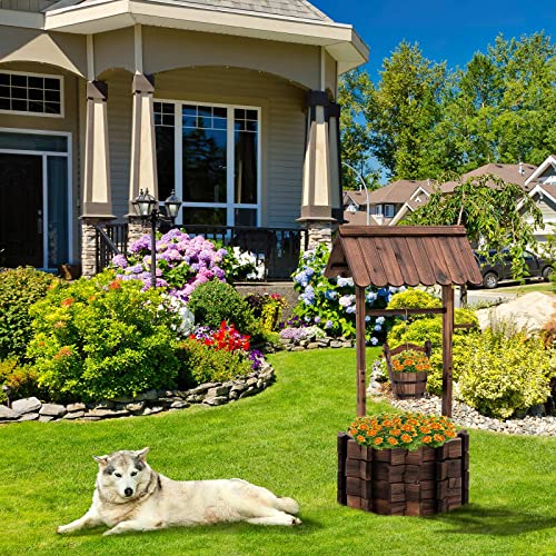 Rustic Solid Fir Wood Wishing Well Planter for Outdoor Plants