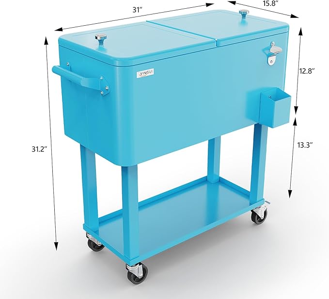 VINGLI 80 Quart Rolling Ice Chest, Portable Patio Party Bar Drink Cooler Cart, with Shelf, Beverage Pool with Bottle Opener