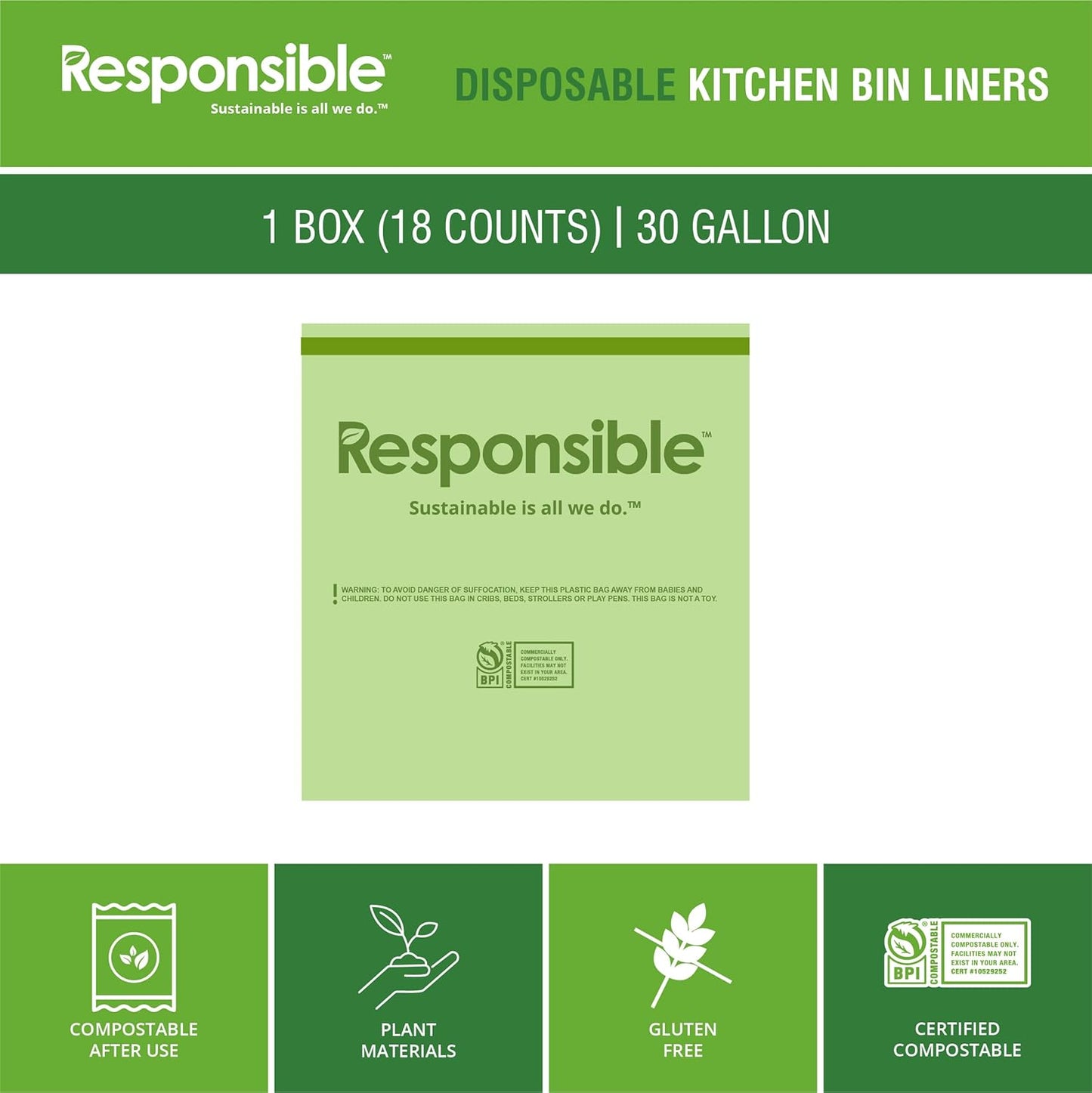 Kitchen Bin Liners, Certified Compostable, Heavy Duty Multipurpose Food Scrap Bags, Made from Compostable Materials (30 Gallon Drawstring, (18 Count))