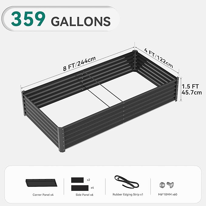 YITAHOME 2pcs 8x4x1.5 ft Galvanized Raised Garden Bed Kit, Large Metal Planter Box with Gloves, Safety Rubber & Support Rod, Outdoor Flower Bed for Plants Vegetables, Black