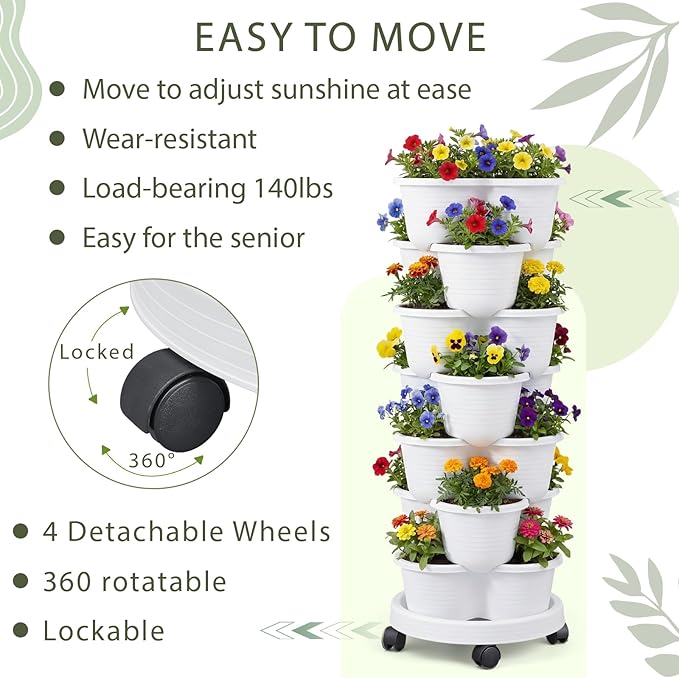 Umigy 2 Set White 7 Tier Stackable Vertical Planters with Removable Wheels and Tools Tower Planters Strawberry Herb Flower Vegetable Pots Indoor Outdoor Gardening Pots