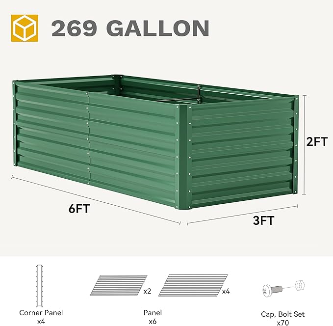 DWVO 6 x 3 x 2 FT Raised Garden Bed Kit, Outdoor Galvanized Flower Bed with Gloves, Large Metal Planter Box for Vegetables, Flowers, Herbs, Fruits, Green