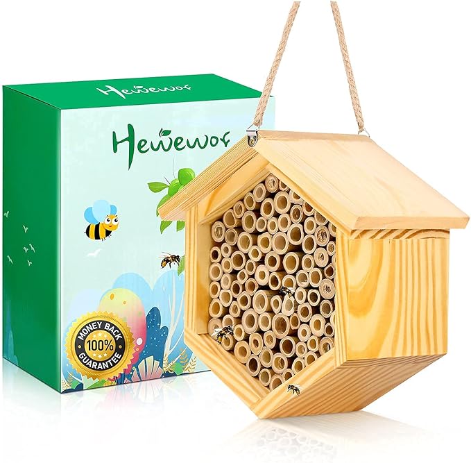 Mason Bee House Native Bee Hive Hexagon Bee House Handmade Wooden Mason Bee Box Habitat Home Hotel with Tubes -Attracts Peaceful Bee Pollinators to Enhance Your Garden's Productivity