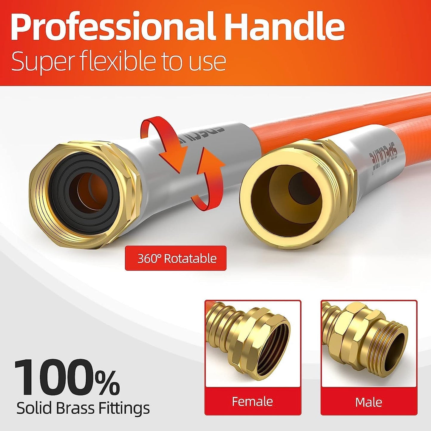Garden Water Hose 150 ft x 5/8 in Heavy Duty, Flexible and Lightweight, Burst 600 psi, Kink-less Hybrid Rubber Pipe for Backyard, 3/4'' Brass Fittings, Orange