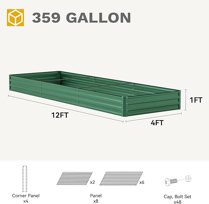 DWVO 12 x 4 x 1 FT Raised Garden Bed Kit, Outdoor Galvanized Flower Bed with Safety Rubber and Gloves, Large Metal Planter Box for Vegetables, Flowers, Herbs, Fruits, Green